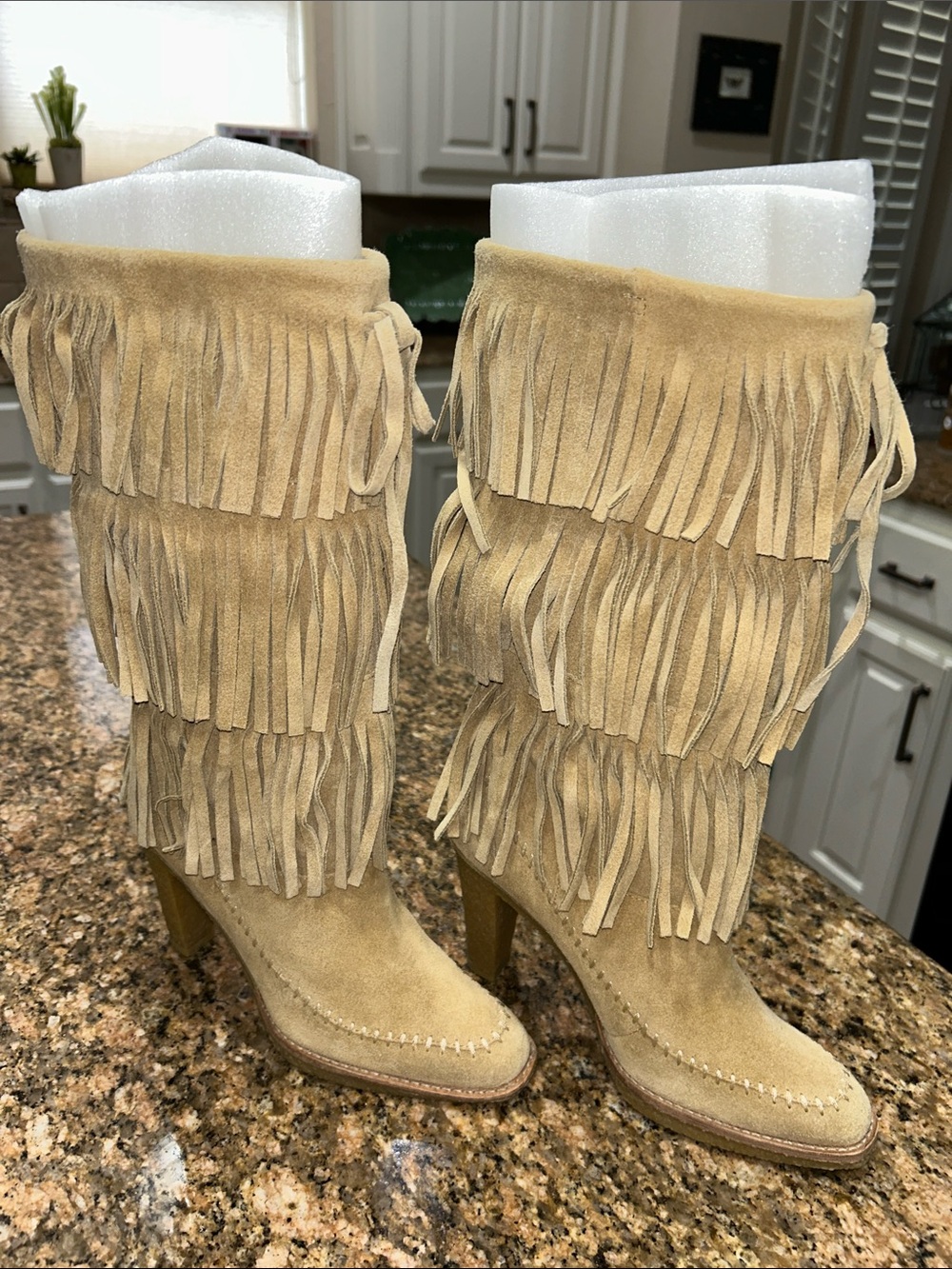 MICHAEL Michael Kors Tan Suede Fringe Knee-High Heeled Boots